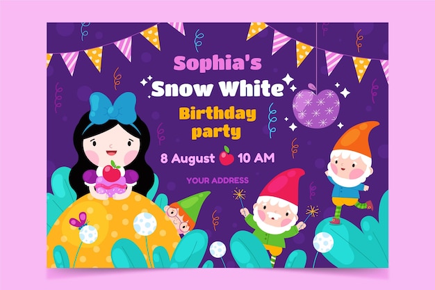 Flat snow white birthday invitation template