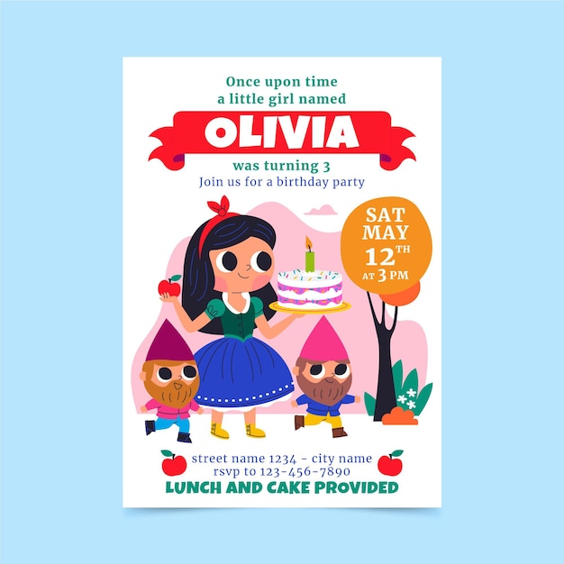 Flat snow white birthday invitation