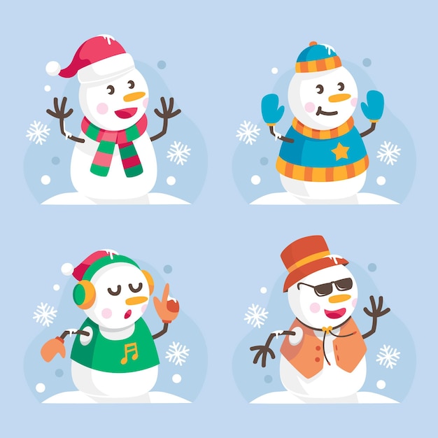 Бесплатное векторное изображение Коллекция персонажей плоского снеговика
