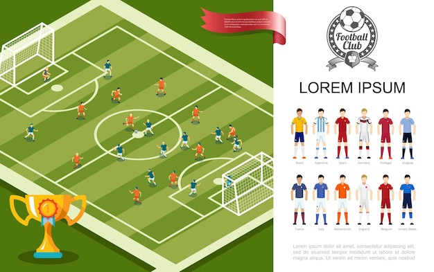 Flat soccer colorful  with football match cup and players in uniform of different national teams illustration