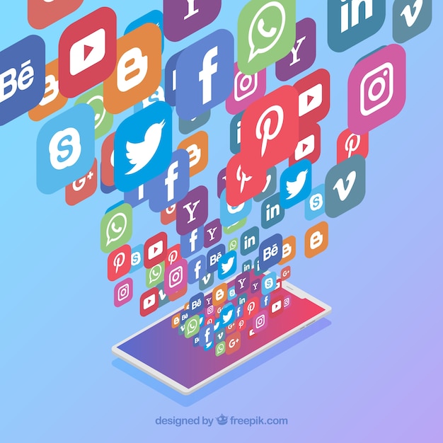 Flat social media background with mobile phone