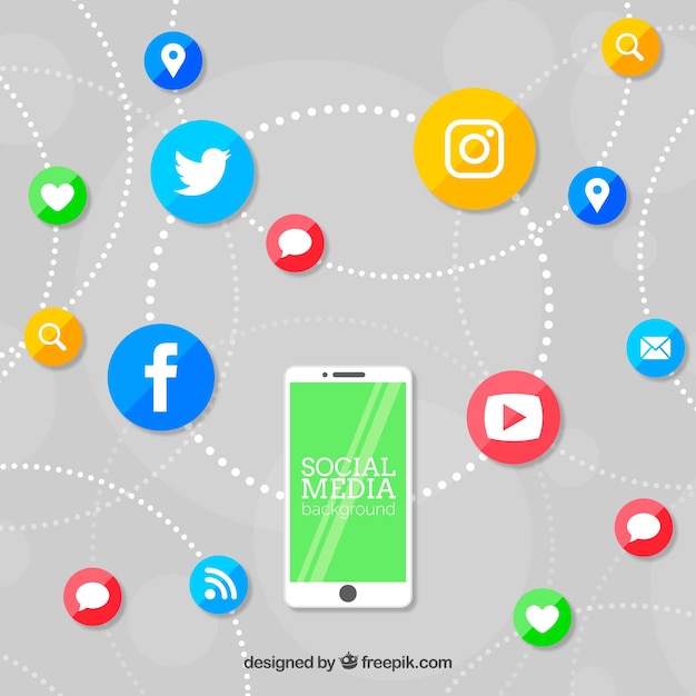 Flat social media background with mobile phone