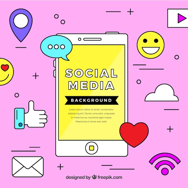 Flat social media background with mobile phone