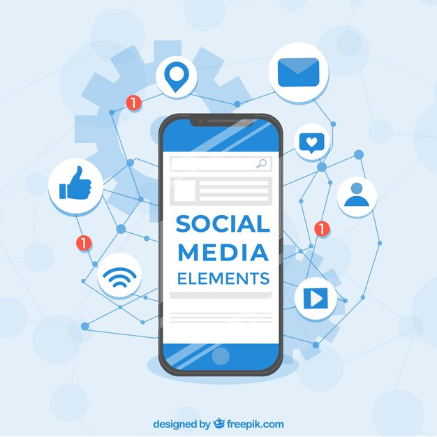 Flat social media background with mobile phone