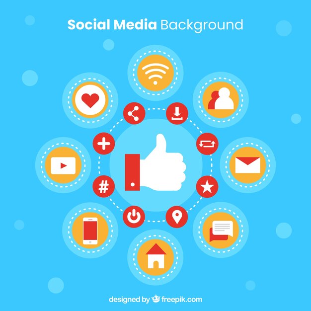 Flat social media background with variety of icons