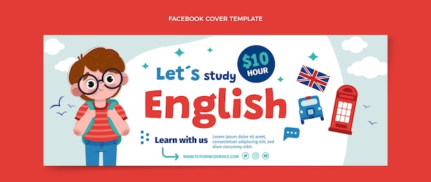 Vettore gratuito modello di copertina piatta per social media per lezioni di apprendimento dell'inglese