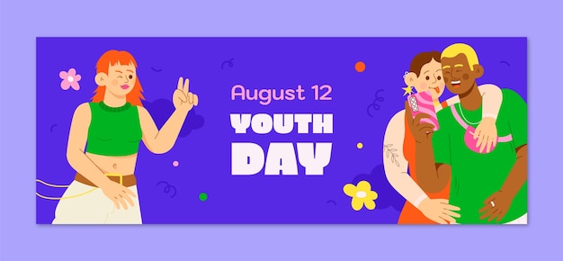 Плоский шаблон обложки в социальных сетях для празднования международного дня молодежи