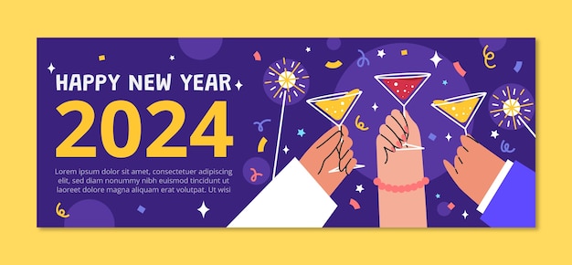 Flat social media cover template for new year 2024 celebration
