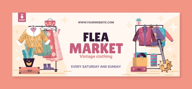 Flat social media cover template for second-hand flea market event