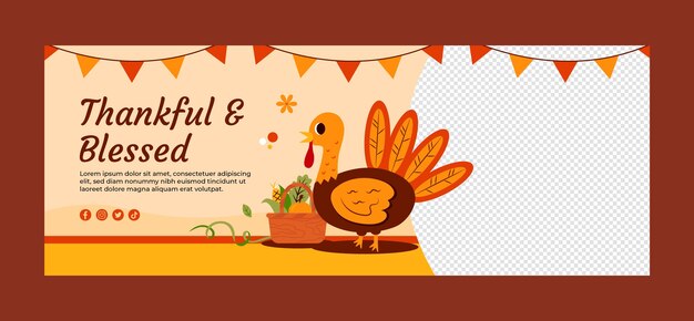 Flat social media cover template for thanksgiving with turkey