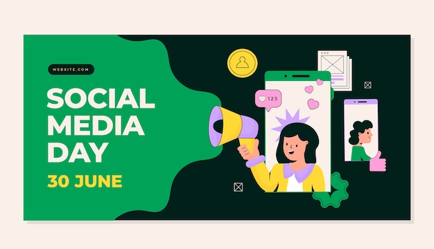 Flat social media day horizontal banner template with people using megaphone