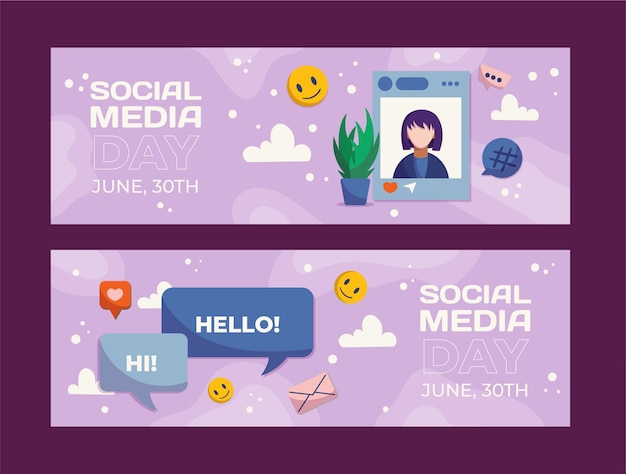 Free vector flat social media day horizontal banners collection