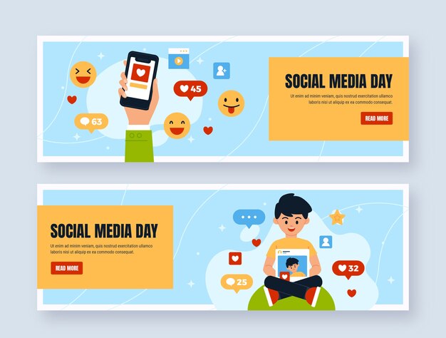 Flat social media day horizontal banners collection