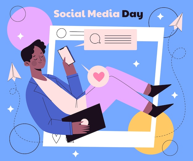 Flat social media day illustration with person and smartphone