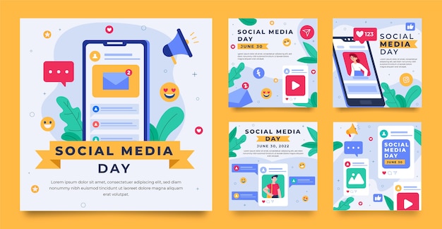 Free vector flat social media day instagram posts collection