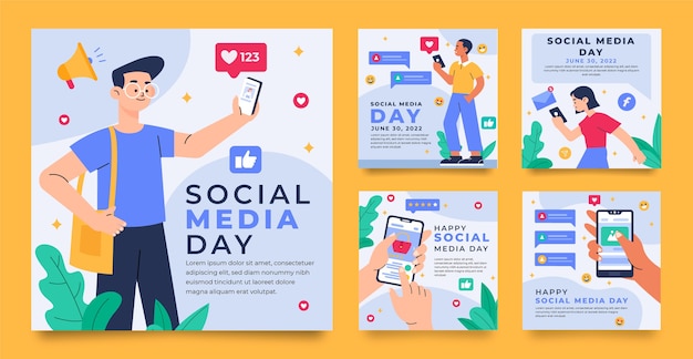 Free vector flat social media day instagram posts collection