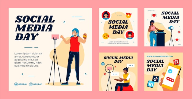 Free vector flat social media day instagram posts collection