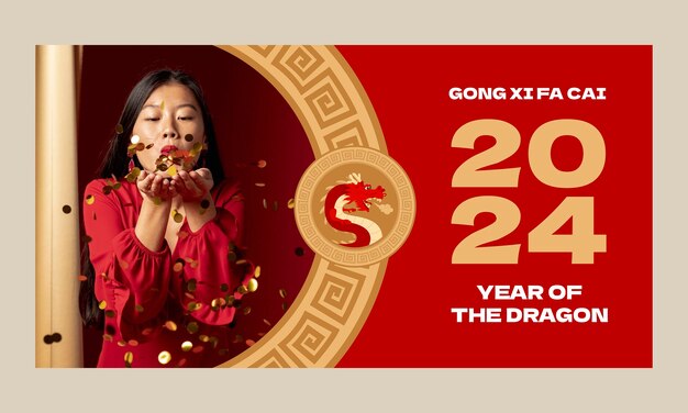 中国の新年祭りのフラットなソーシャルメディアプロモーションテンプレート