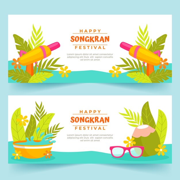 Flat songkran horizontal banners set