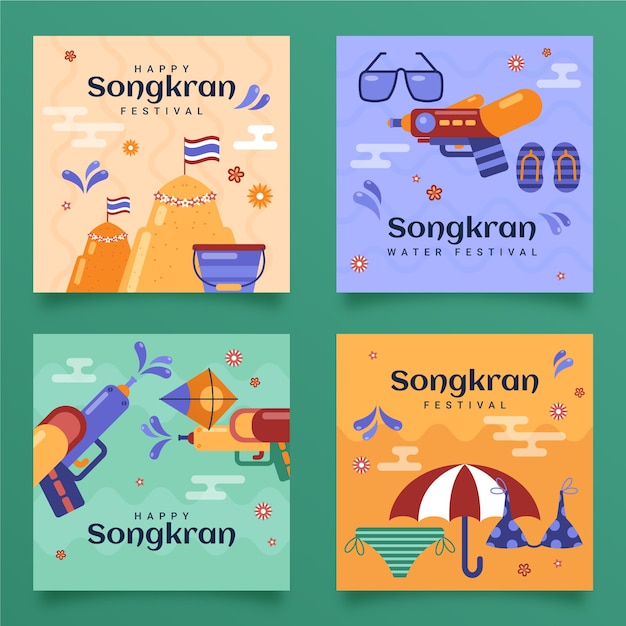 Vettore gratuito collezione di post instagram flat songkran