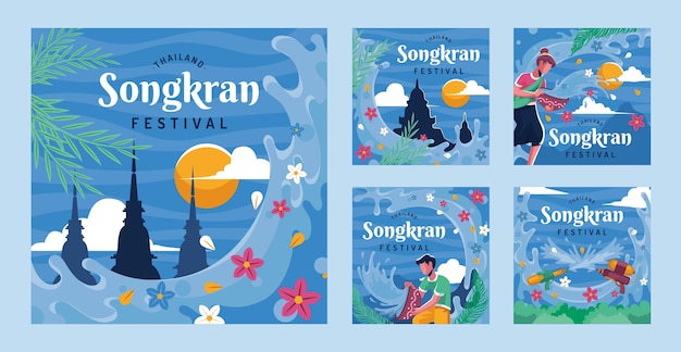 Free vector flat songkran instagram posts collection