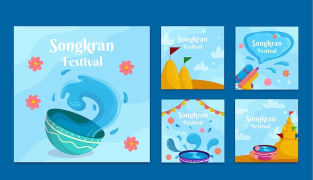 Free vector flat songkran instagram posts collection