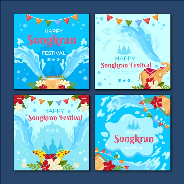 Free vector flat songkran instagram posts collection