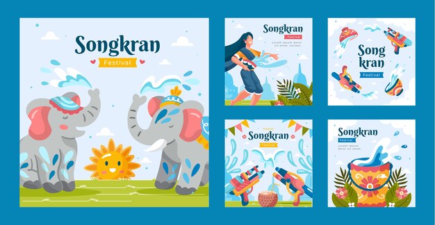 Free vector flat songkran instagram posts collection