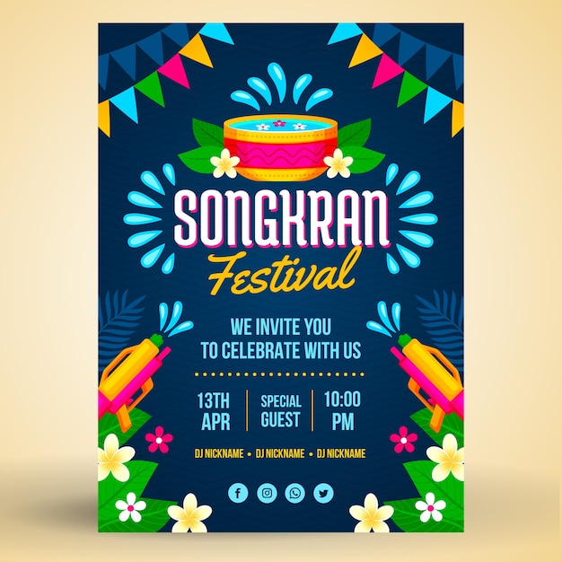 Flat songkran vertical poster template with bowl and water guns