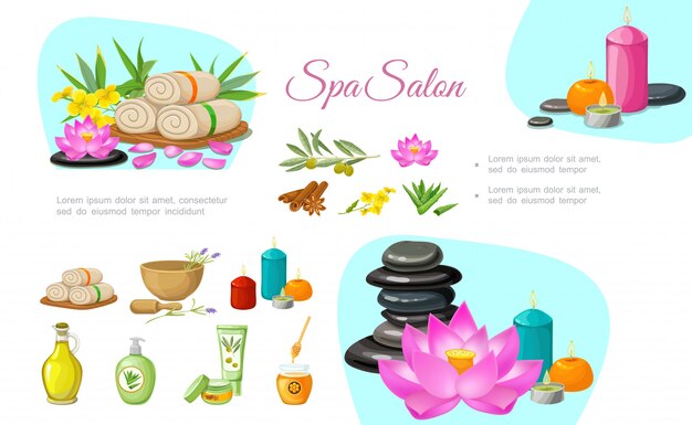 Flat spa salon composition with stones aroma candles towels olive branch natural oil cream lotus flower bamboo cinnamon sticks aloe vera