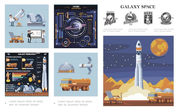 Flat space colorful composition with rocket launch moon rover and truck satellite scientists futuristic interface galaxy research infographics mars exploration labels