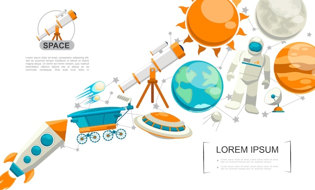 Concetto di elementi di spazio piatto con telescopio a razzo terra e marte pianeti ufo satellite sole luna comete rover lunare