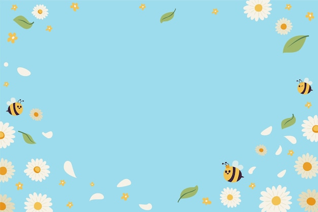 Flat spring background with bees and flowers