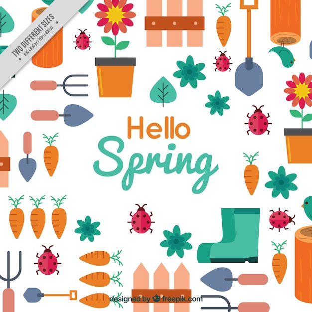 Free vector flat spring background with gardening items