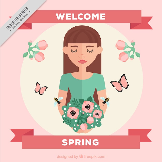 Free vector flat spring background of woman holding flowers