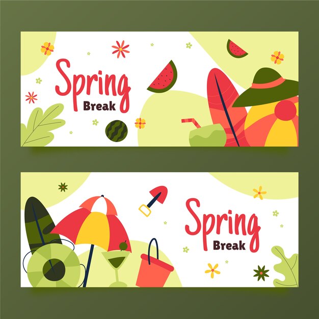 Flat spring break horizontal banners set