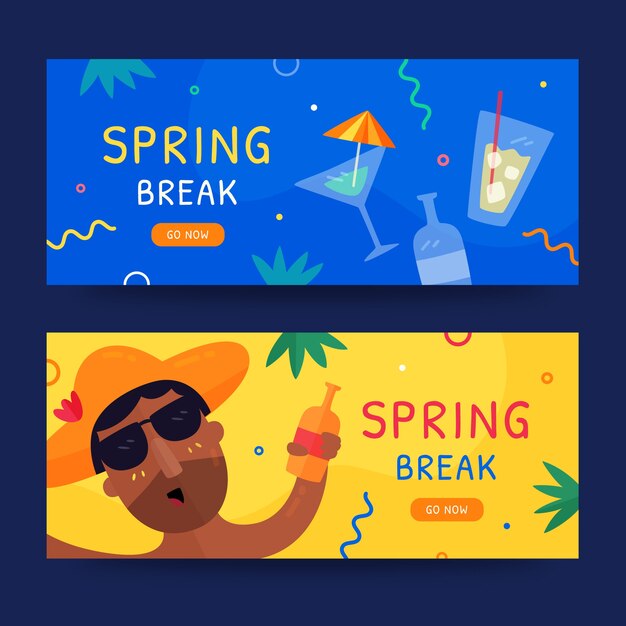 Flat spring break horizontal banners set