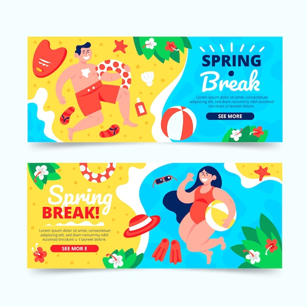 Flat spring break horizontal banners set