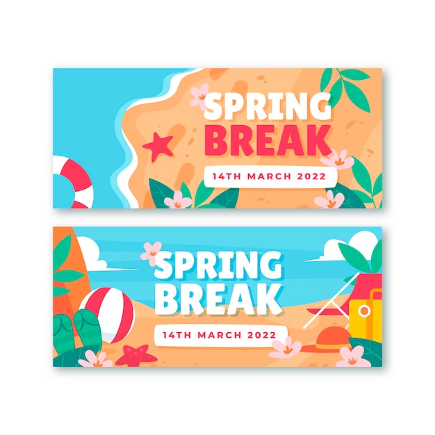 Free vector flat spring break horizontal banners set