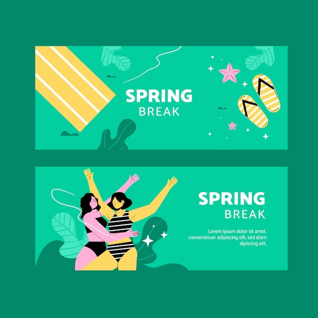 Flat spring break horizontal banners set