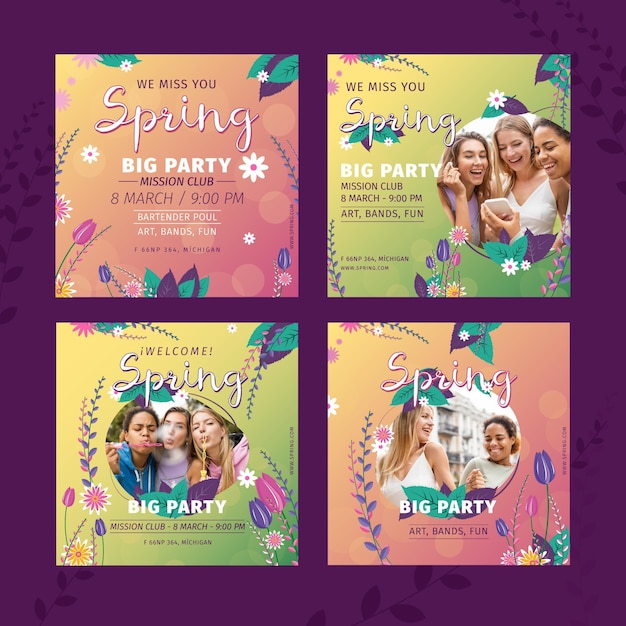 Free vector flat spring instagram post set