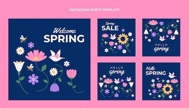 Vettore gratuito collezione di post instagram primaverili piatti