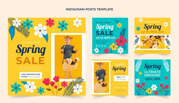 Vettore gratuito collezione di post instagram primaverili piatti