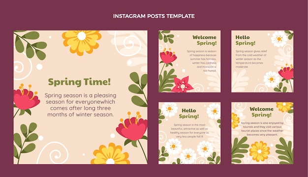 Free vector flat spring instagram posts collection