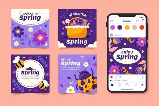 Free vector flat spring instagram posts collection