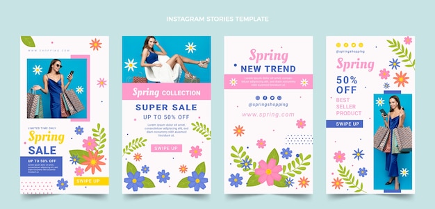 Free vector flat spring instagram stories collection