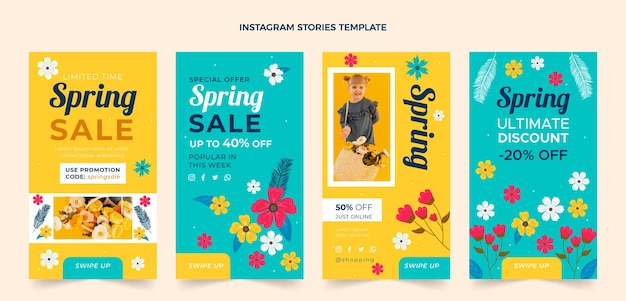 Vettore gratuito collezione di storie di instagram primaverili piatte