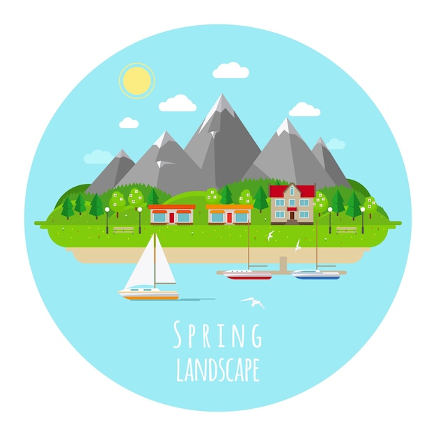Flat spring landscape illustration with green hills. Bloom and spring, warmth sun and blue sky.