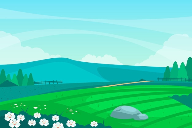 Flat spring landscape with blue sky