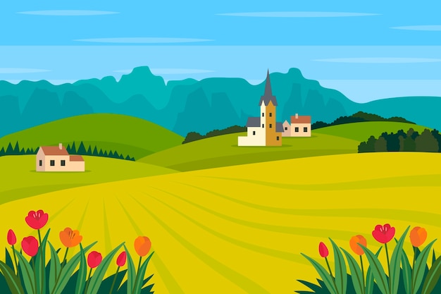 Free vector flat spring landscape with field